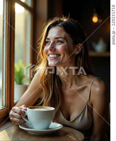 Cozy morning delight: smiling woman enjoying coffee by sunlit window 120151718