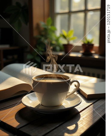 Cozy morning with steaming coffee cup and open book by sunlit window 120151719