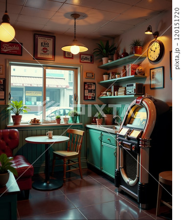 Cozy retro diner interior with vintage jukebox in natural light 120151720