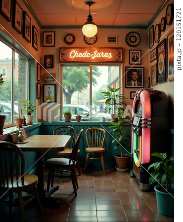 Cozy vintage diner corner with jukebox for relaxed gatherings and nostalgic vibes 120151721
