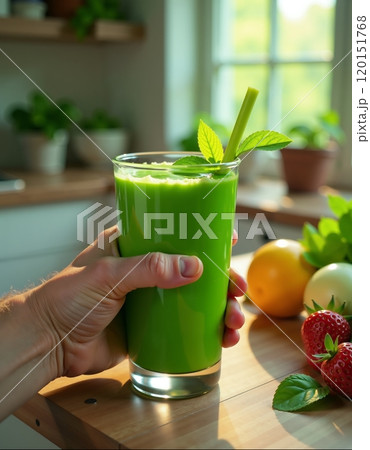 Fresh green smoothie with mint garnish in sunny kitchen setting 120151768