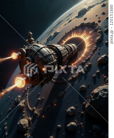 Futuristic spacecraft entering cosmic portal on alien planet - sci-fi concept art for digital design 120151880