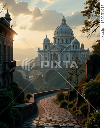 Majestic dome cathedral at sunrise amidst lush landscape 120151915