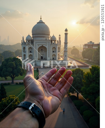 Majestic view of the taj mahal with outstretched hand at sunrise for travel inspiration 120151921