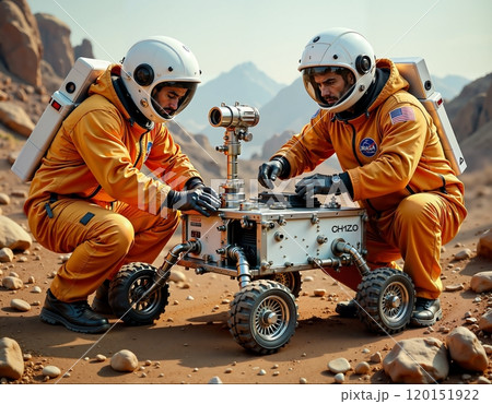 Mars exploration concept with astronauts and rover in rocky terrain 120151922