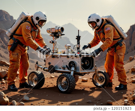Mars exploration scene with astronauts operating rover in desert landscape 120151923