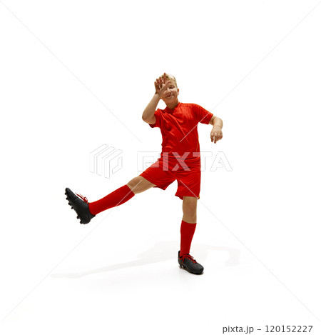 Dressed red sport gear, teen boy, football player showing looser gesture and dancing against white studio background. Dressed red sport gear, teen boy, football player showing looser gesture and dancing against white studio background. 120152227