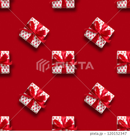 Seamless pattern of Christmas gift on red background. Xmas card. Happy New Year. 120152347