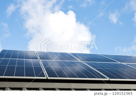 Aerial view of solar panel stand-alone photovoltaic plant system on cloudy blue sky background. Clean alternative energy power in nature concept, sustainable resources. Professional installation 120152365