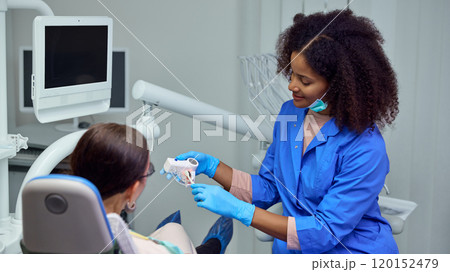Dentist provides post-treatment instructions, advising on how to care for treated area to support healing. Dentist provides post-treatment instructions, advising on how to care for treated area to support healing. 120152479