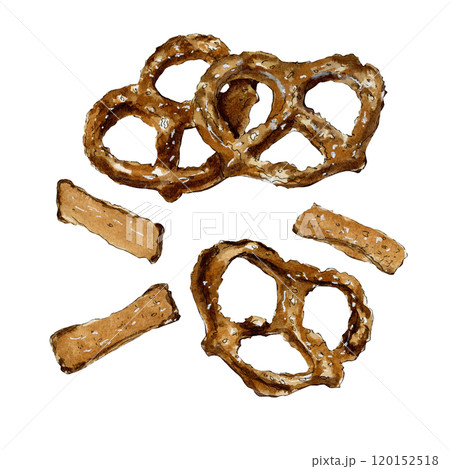Watercolor sketch of delicious pretzel with salt isolated on white background Watercolor sketch of delicious pretzel with salt isolated on white background 120152518