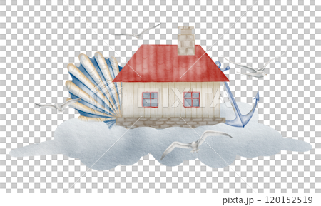 Watercolor illustration of fantasy house flying on a cloud with seashell and sea birds. Drawing of magic building with red roof and seagulls for Baby greeting cards or childish invitation. Art for kid Watercolor illustration of fantasy house flying on a cloud with seashell and sea birds. Drawing of magic building with red roof and seagulls for Baby greeting cards or childish invitation. Art for kid 120152519