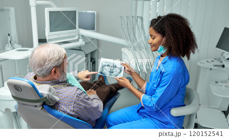 Dentist reviews X-ray image with mature patient, explaining details and preparing them for next steps in their dental care. 120152541