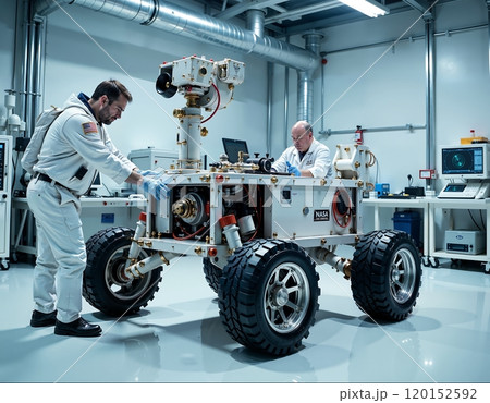 Scientists conducting experiments on mars rover prototype in advanced laboratory setting 120152592