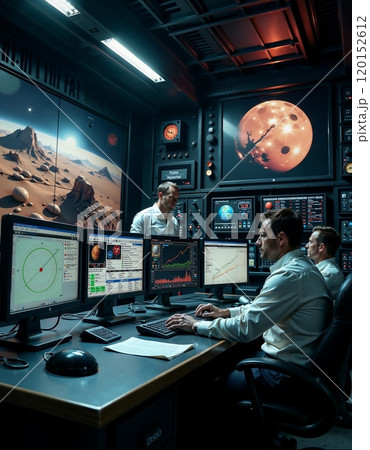 Space mission control center with engineers monitoring planetary exploration data Space mission control center with engineers monitoring planetary exploration data 120152612