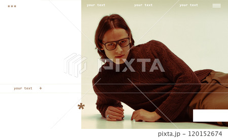 Stylish young man in glasses wearing brown cable-knit sweater, lying down against light background. Fashion, lifestyle, and minimalist design concepts 120152674