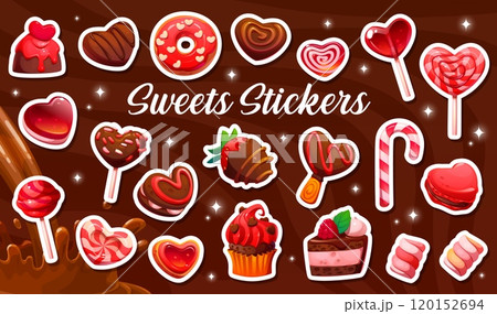 Stickers pack of Valentines heart pink candy lollipop, sweets and confectionery, vector food. Cartoon heart shaped chocolate candy, cake, cupcake and cookie, lollipop, caramel and marshmallow stickers 120152694