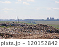 Polluted area of the municipal landfill with cityscape in smog in the background  120152842