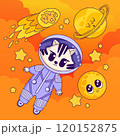Cartoon raccoon in space. Raccoon in outer space with planets, comets, stars. Vector 120152875