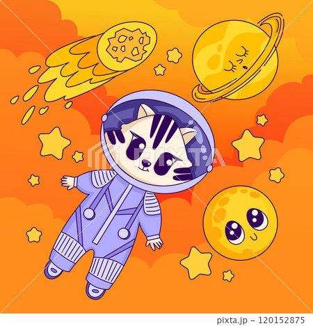 Cartoon raccoon in space. Raccoon in outer space with planets, comets, stars. Vector 120152875
