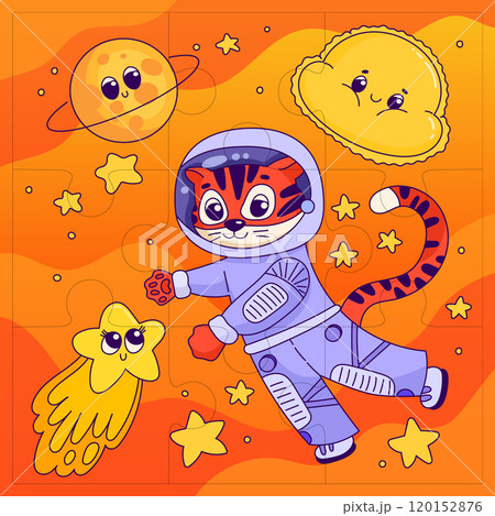 Cartoon tiger in space with planets, comets, stars for kids. Puzzle template. Vector 120152876