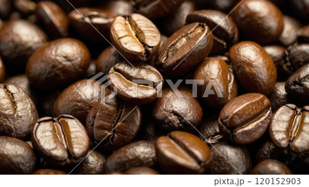 Close-up image of rich brown aromatic coffee beans, invoking a sense of warmth and comfort 120152903