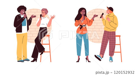 Couple with microphone host stand-up comedy show, artist man and woman tell jokes, humor conversation perform vector set 120152932
