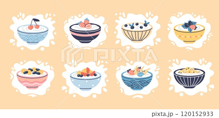 Vector set with yogurt bowls with Greek yogurt and fillings of fresh fruits and berries 120152933