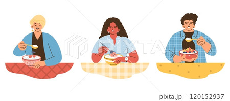 Vector illustration of a happy woman and a people with tired expressions eating yogurt 120152937