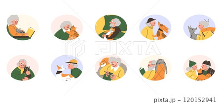 Vector graphics depicting a retired man and woman enjoying life with a dog and cat Vector graphics depicting a retired man and woman enjoying life with a dog and cat 120152941