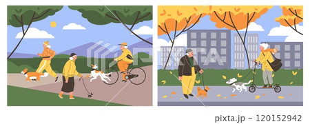 Vector collection of two illustrations with elderly people leading an active lifestyle with dogs 120152942