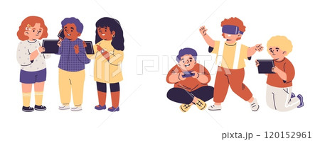 Vector illustration depicting children enjoying using modern gadgets on a white background Vector illustration depicting children enjoying using modern gadgets on a white background 120152961