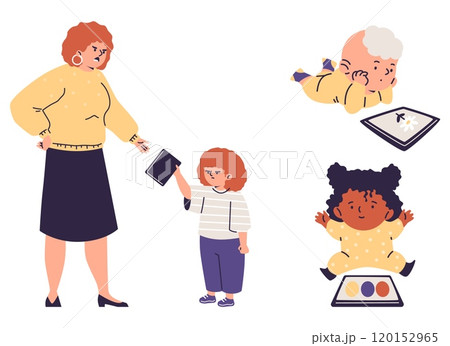 Angry mother takes gadget device away from child, baby using smartphone or tablet, kids online entertainment vector set 120152965