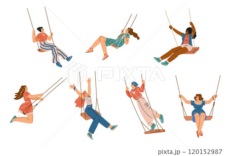 Set of happy women swinging on swings in different poses. Set of happy women swinging on swings in different poses. 120152987