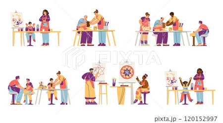 A vector set showing art therapy classes where teachers help adults and children practice art 120152997