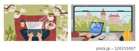 Vector illustrations hands typing on a laptop keyboard in a park and on a train Vector illustrations hands typing on a laptop keyboard in a park and on a train 120153007