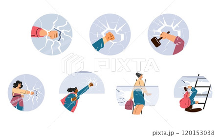 Women break the glass ceiling with their fist and hammer. 120153038