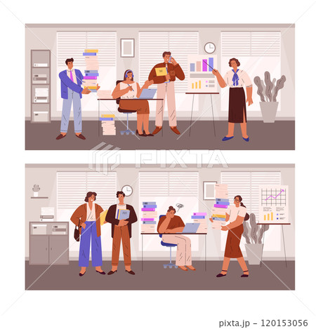 A vector illustration depicting a busy office scene with secretaries and managers 120153056