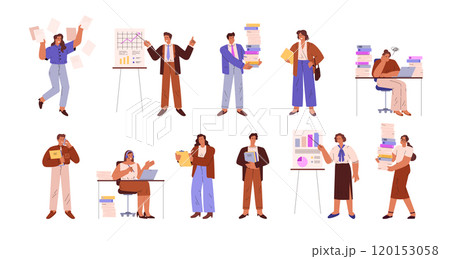 Vector office scene showing busy workers and excessive amount of paperwork on a white background 120153058
