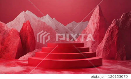 monochromatic landscape with abstract red mountains and a bold circular podium in the foreground 120153079