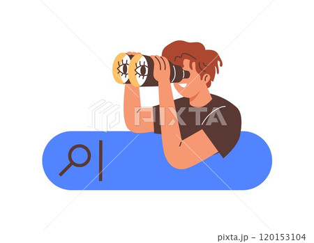 A vector illustration showing a curious young guy with binoculars browsing the Internet 120153104