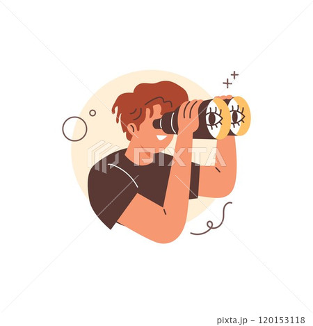 Vector illustration with a young man looking through binoculars, which embodies curiosity and excitement 120153118