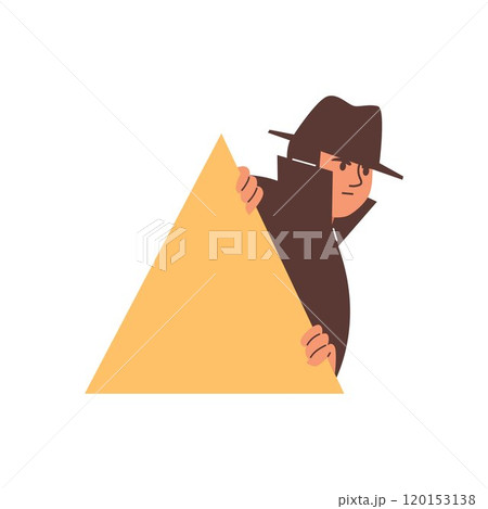 Vector illustration a focused young man in a hat and raincoat peeking around the corner. Vector illustration a focused young man in a hat and raincoat peeking around the corner. 120153138