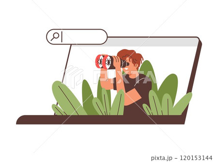 Vector illustration with a young man looking out of a laptop and looking through binoculars 120153144