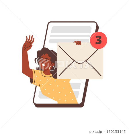 Woman with a letter in her hand, peeking out from phone. 120153145
