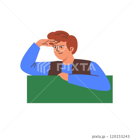 Vector illustration of a man in glasses, who puts his hand to his forehead and watches someone. Vector illustration of a man in glasses, who puts his hand to his forehead and watches someone. 120153243
