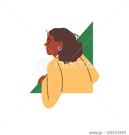 Woman peeking from behind wall green triangle geometric shape, vector cartoon female curiosity peeping or watching 120153245