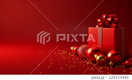 Red gift box with festive ornaments on red Christmas, winter holiday background. Generative AI 120153493