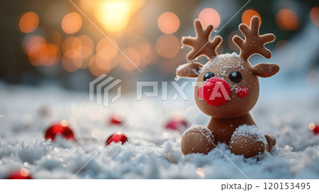 Cheerful reindeer figurine in snowy landscape, Christmas background. Generative AI 120153495