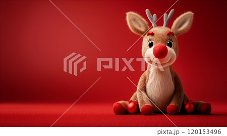 Cheerful reindeer figurine in snowy landscape, Christmas background. Generative AI 120153496
